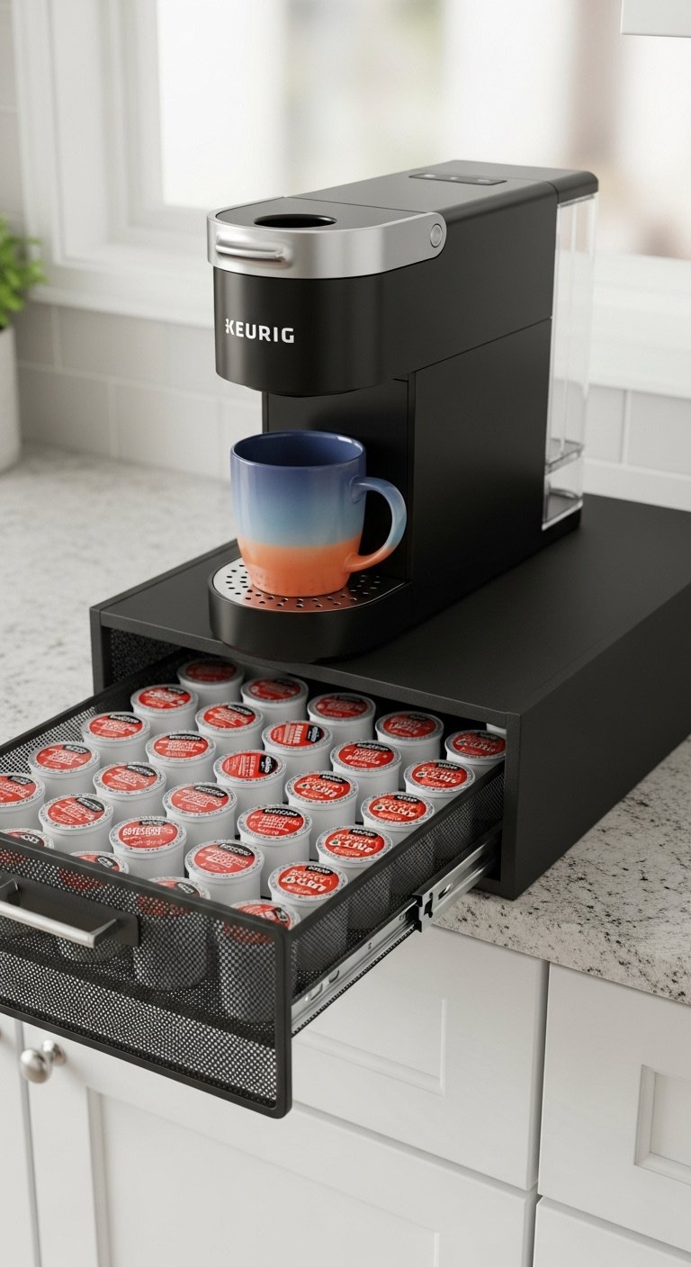 Keurig coffee machine on a black mesh pod drawer revealing colorful K-Cups on a light granite countertop with a ready mug