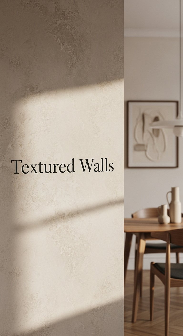 Kitchen accent wall with subtly textured Venetian plaster in warm taupe with soft shadows and modern art