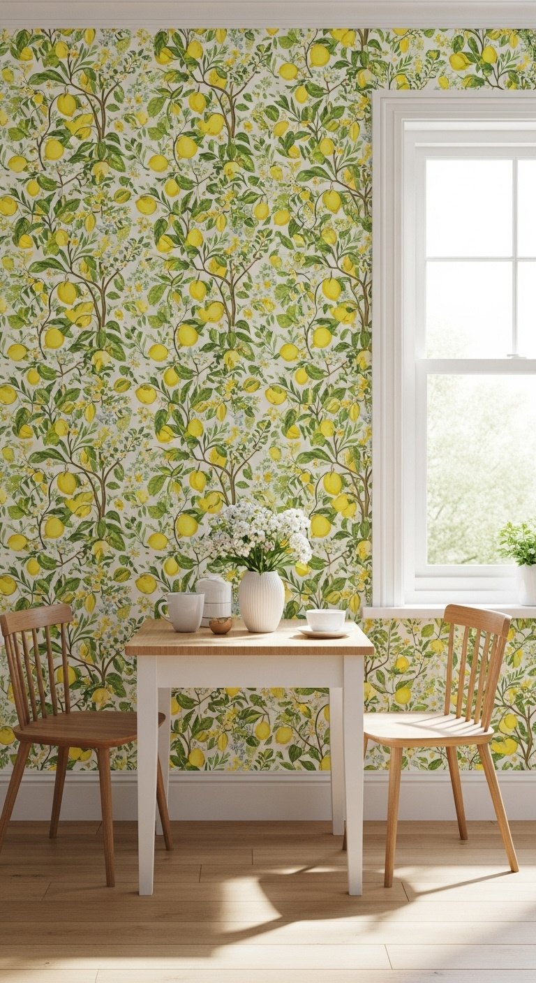 Kitchen breakfast nook with a vibrant lemon tree and floral patterned wallpaper a white café table and wooden chairs