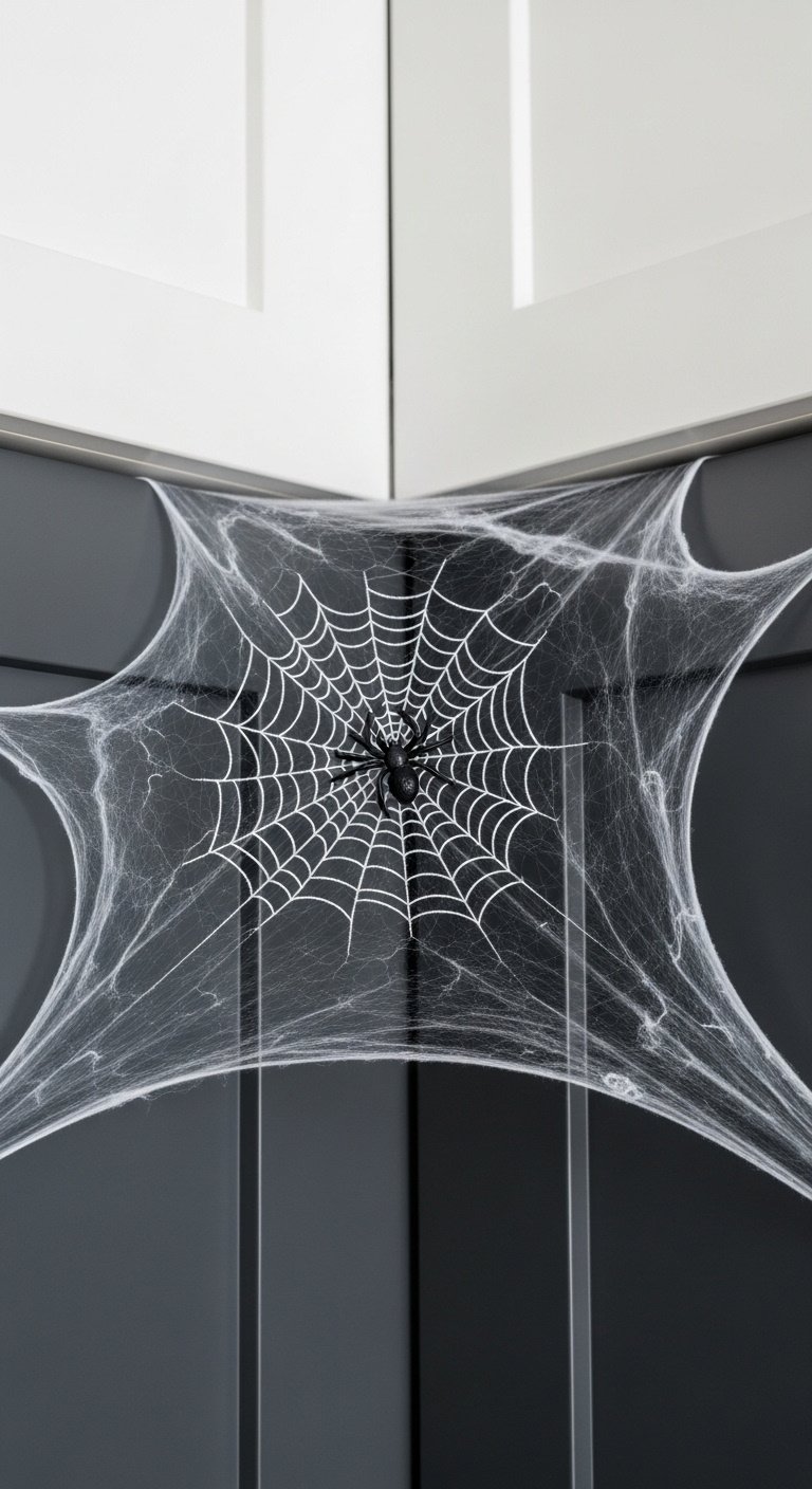 Kitchen cabinet corner draped with realistic cobwebs and a small black spider against a white wall