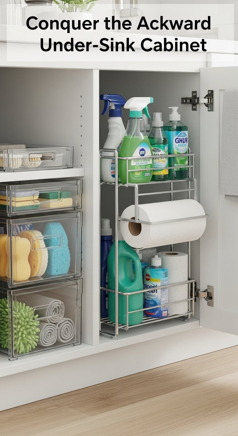 Kitchen cabinet organization with clear bins and clever storage solutions for a tidy space