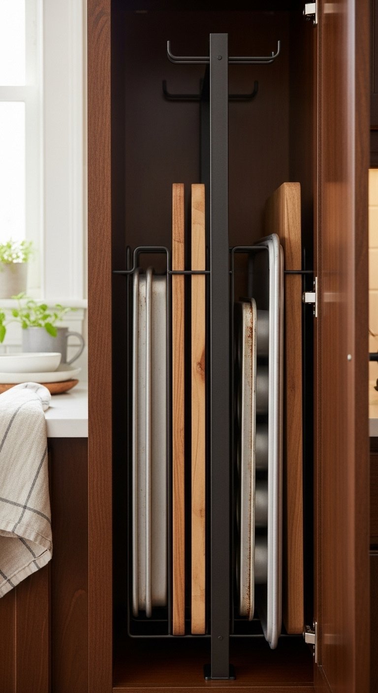 Kitchen cabinet with black metal vertical divider holding baking sheets, cutting board, and muffin tin, with a dish towel nearby