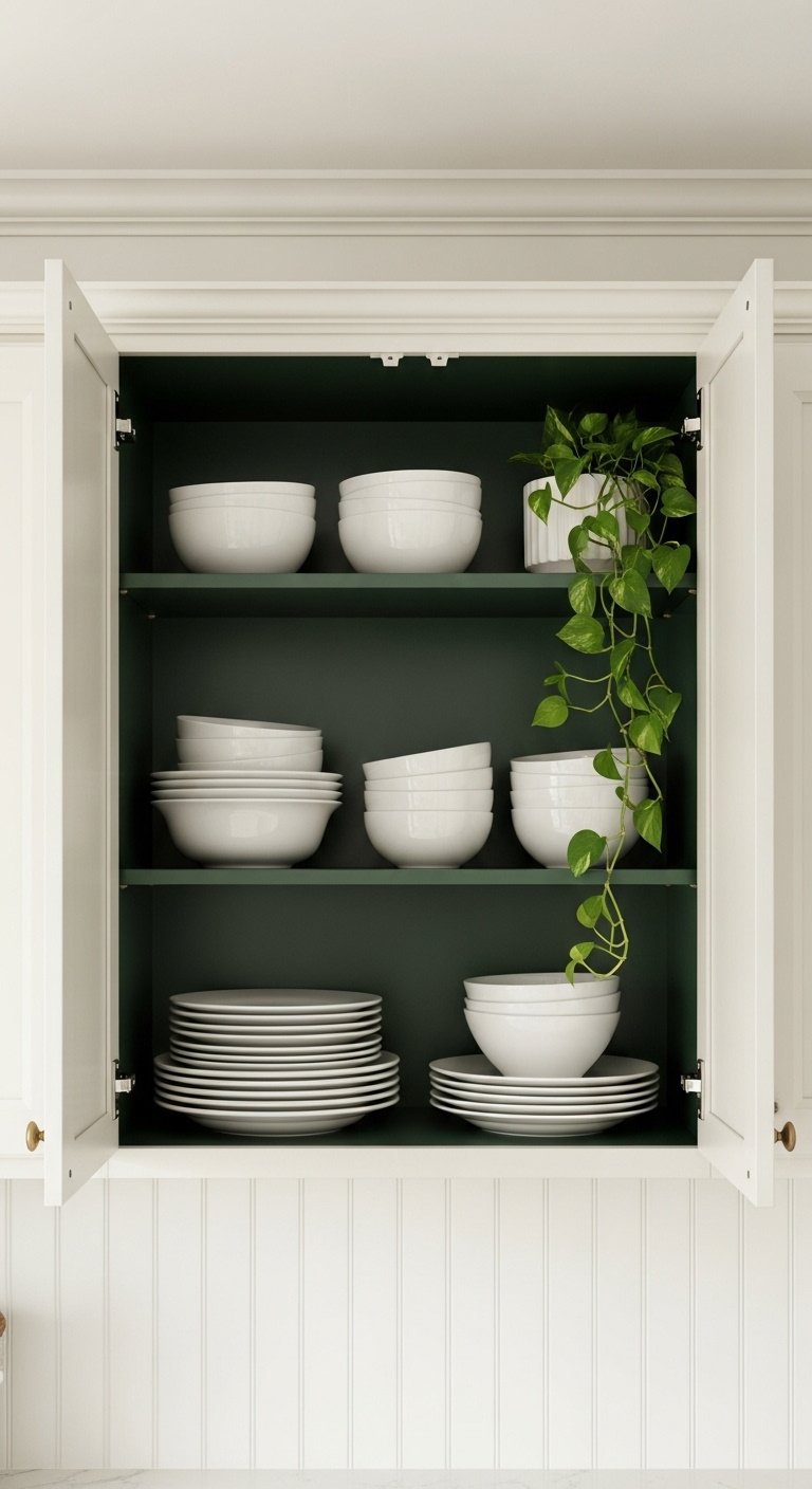 Kitchen cabinets with open shelving painted dark green holding white ceramic plates and a plant