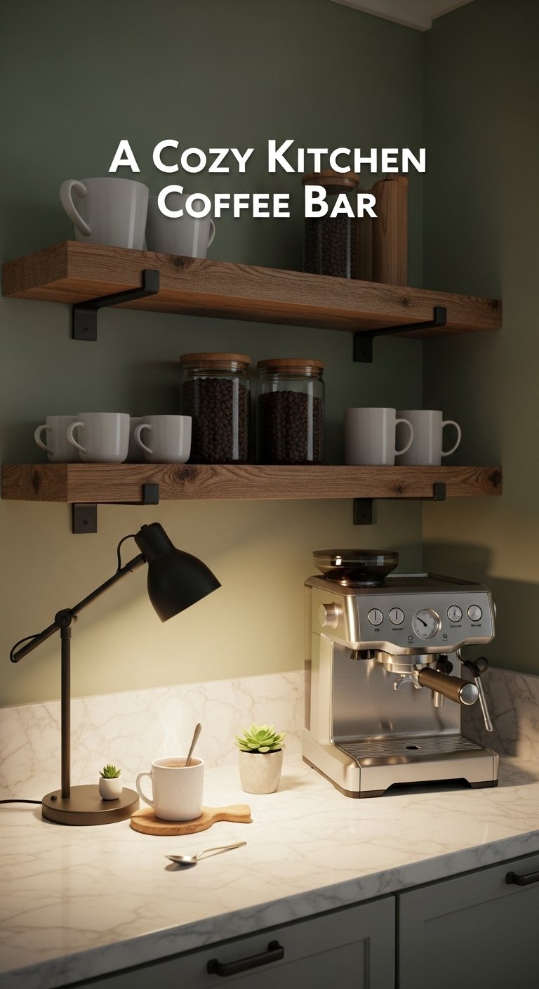 Kitchen coffee bar with rustic wood floating shelves white ceramic mugs espresso machine and a steaming mug