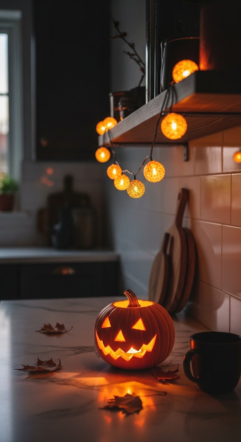 Kitchen corner at dusk with amber fairy lights, a pumpkin lantern, autumn leaves, and a black mug on a marble counter
