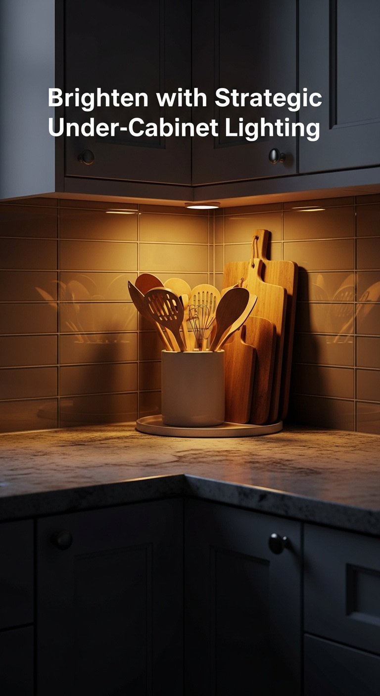 Kitchen corner at dusk with warm under-cabinet lighting illuminating a utensil crock and cutting boards