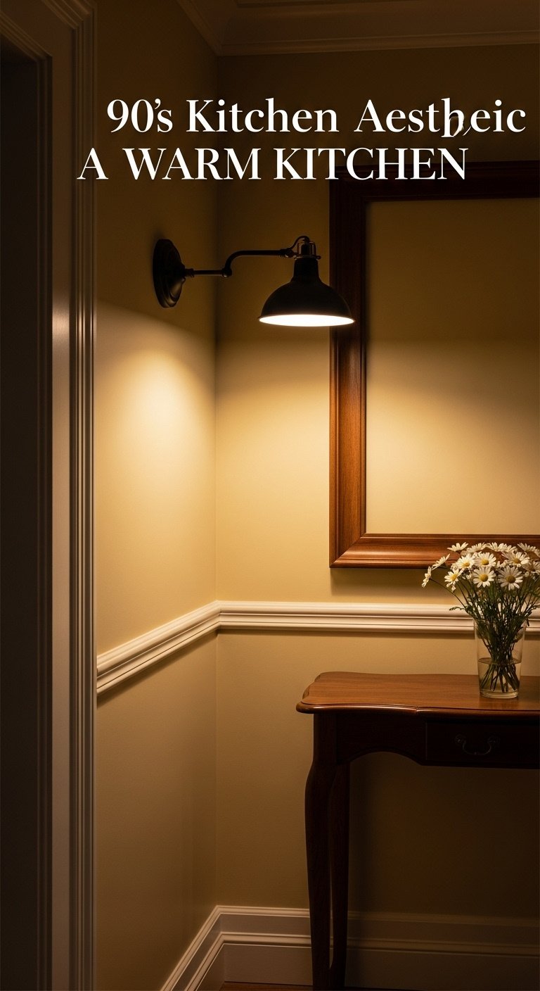 Kitchen corner with soft butter yellow walls creamy white trim and a dark wood console table with white daisies