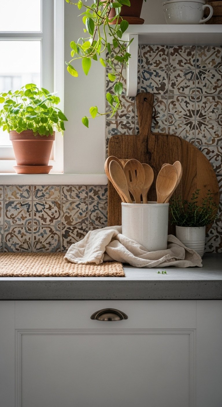 Kitchen countertop rustic wooden cutting board zellige tile backsplash matte white ceramic utensil holder wooden spoons fresh thyme