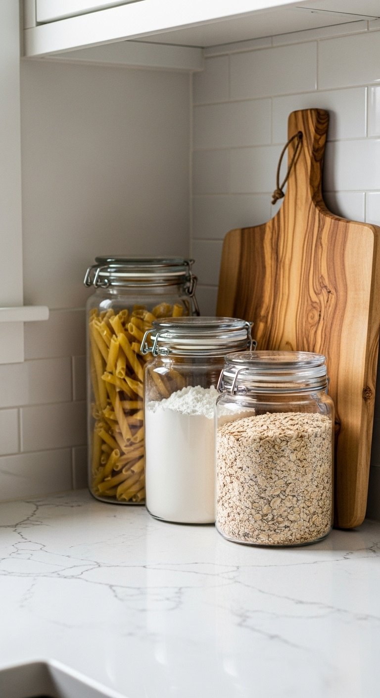 Kitchen countertop with three clear glass canisters filled with pasta flour and oats next to an olive wood cutting board