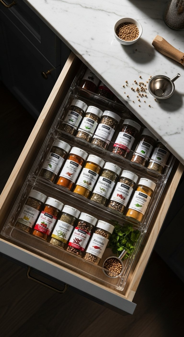 Kitchen drawer organization with bamboo dividers and utensil holders in a modern kitchen