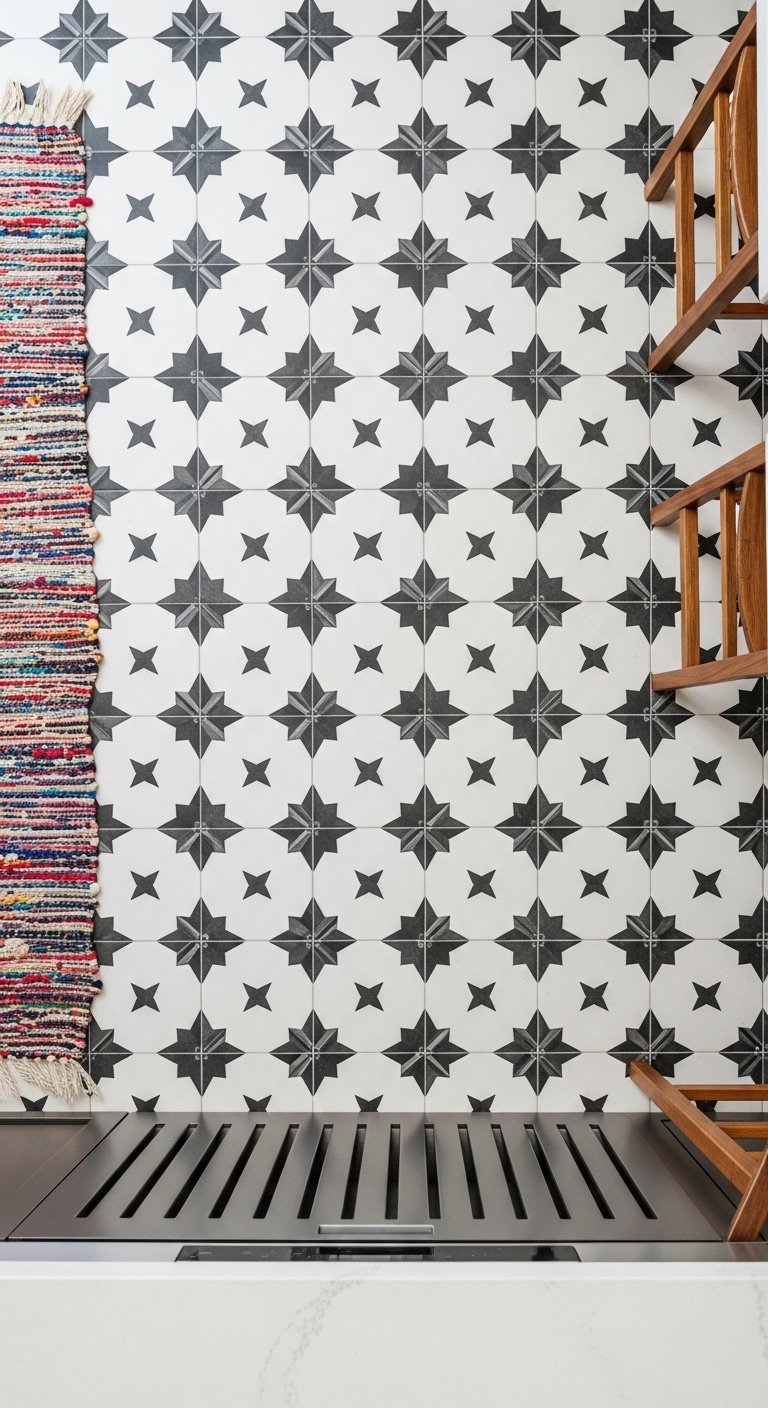 Kitchen floor with black and white encaustic cement tiles in a bold geometric star pattern with a woven rug and wood bar stool