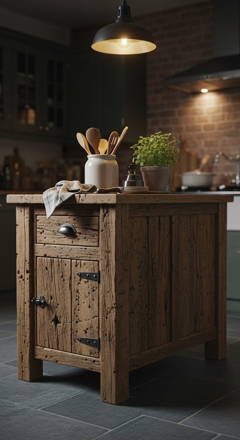 Kitchen island crafted from weathered reclaimed barn wood with chunky legs and aged cast-iron hardware on slate tile floor