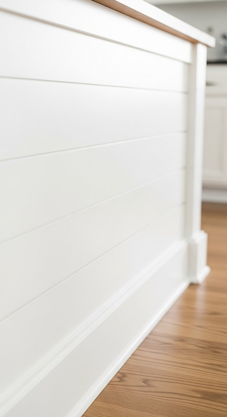 Kitchen island front covered in clean white horizontal shiplap showing subtle texture and lines with a warm oak flooring background