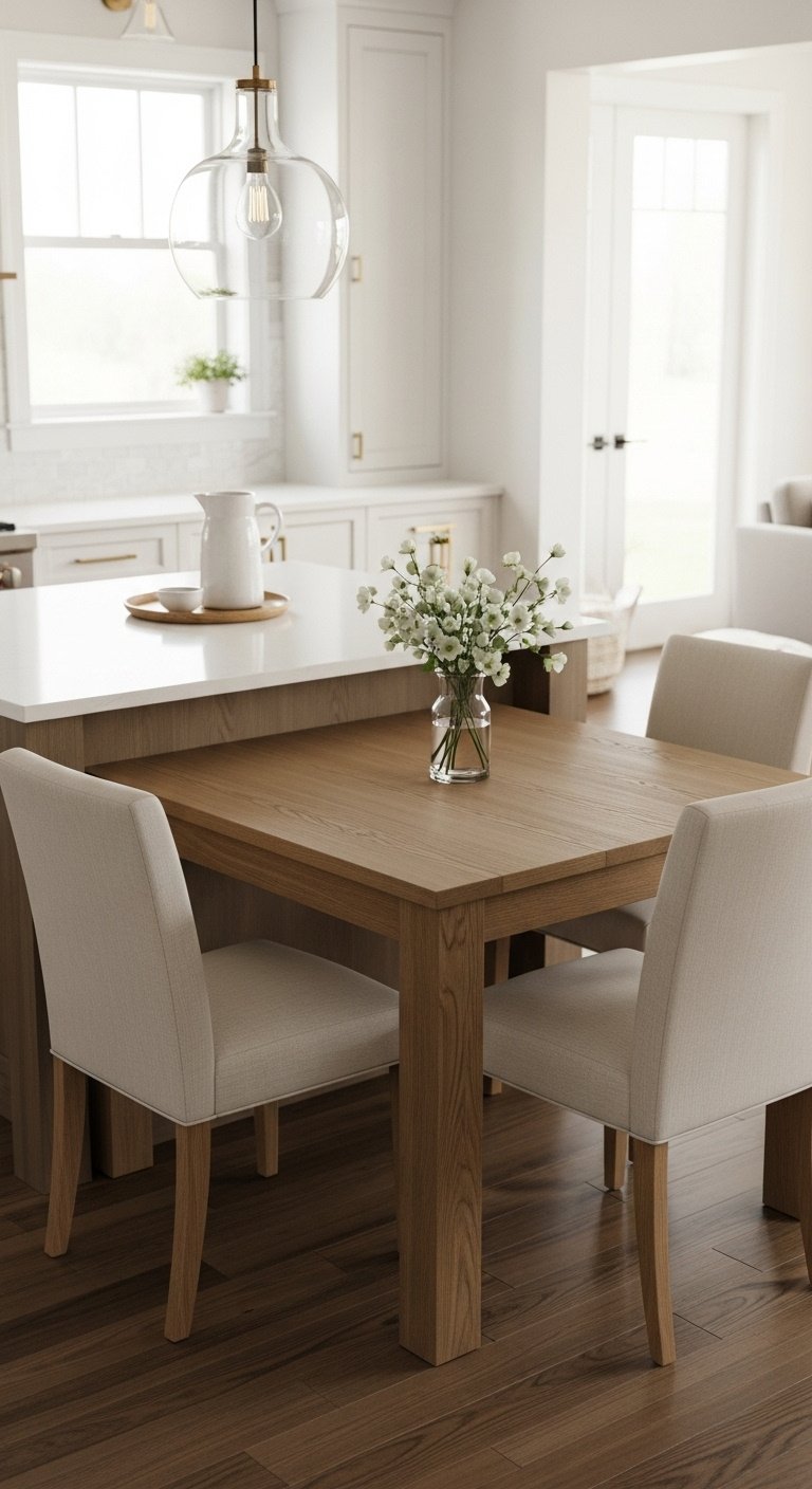 Kitchen island with integrated dining table white quartz counter oak table and upholstered chairs in open concept kitchen