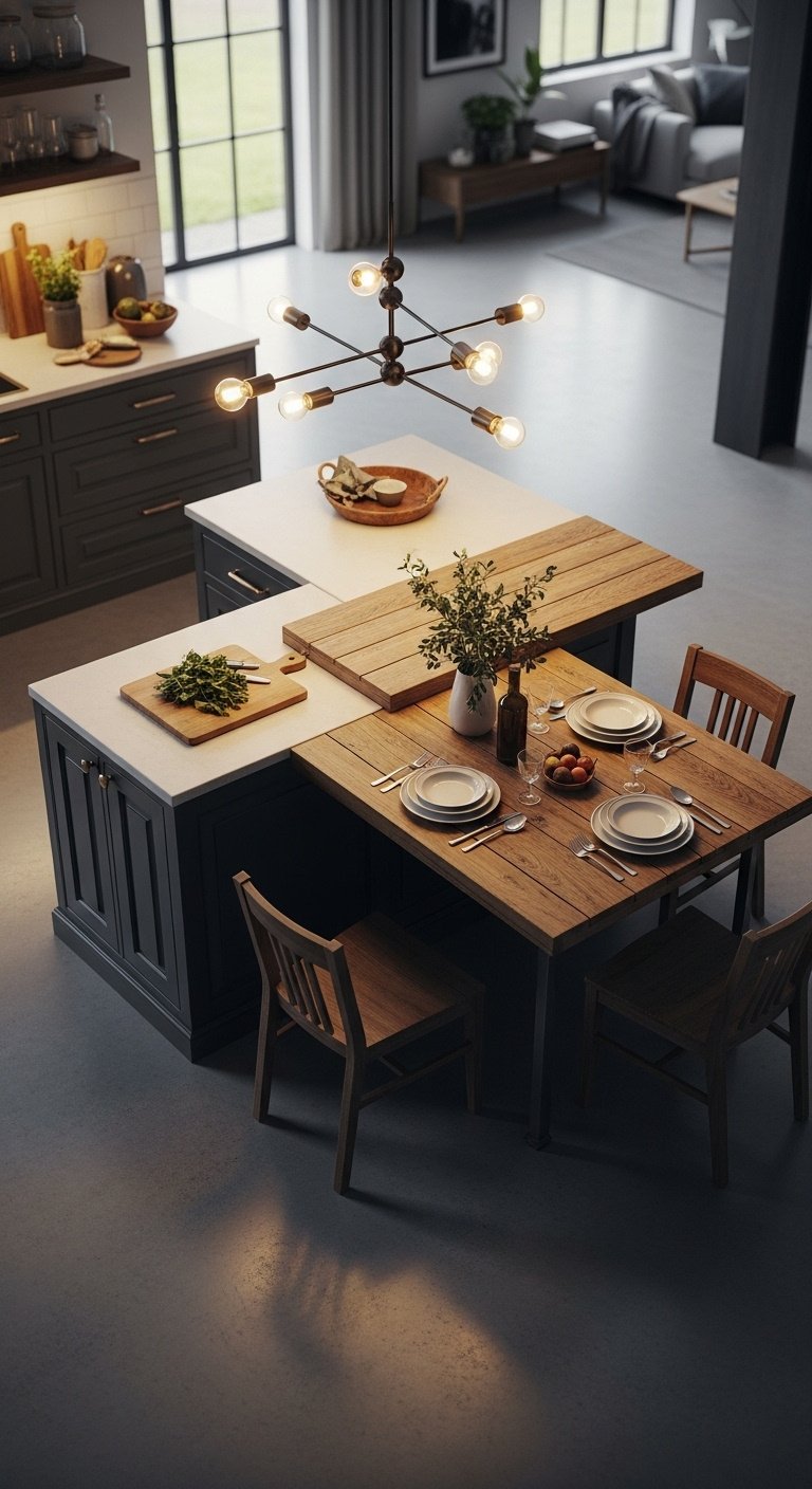 Kitchen island with seating in an L-shaped layout with bright airy natural light