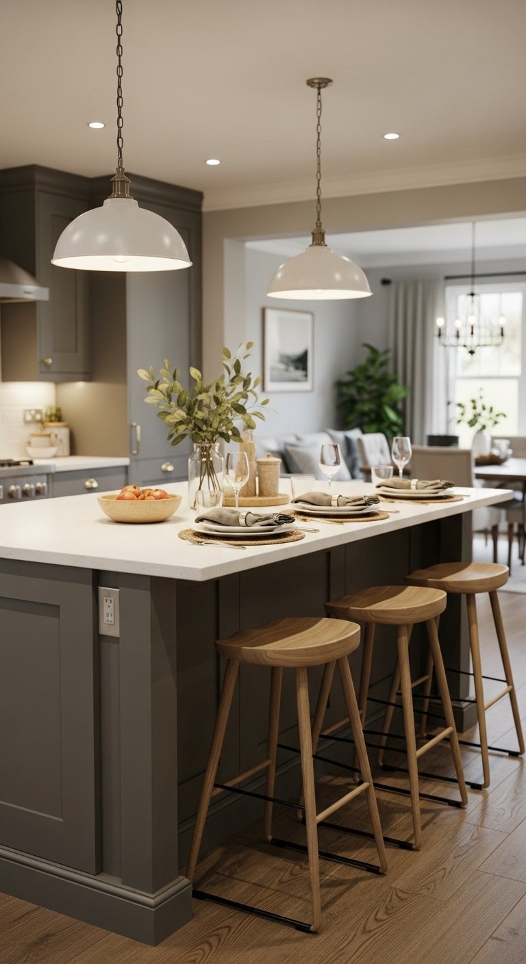 Kitchen island with spread out seating on two sides for conversational dining in a cozy setting