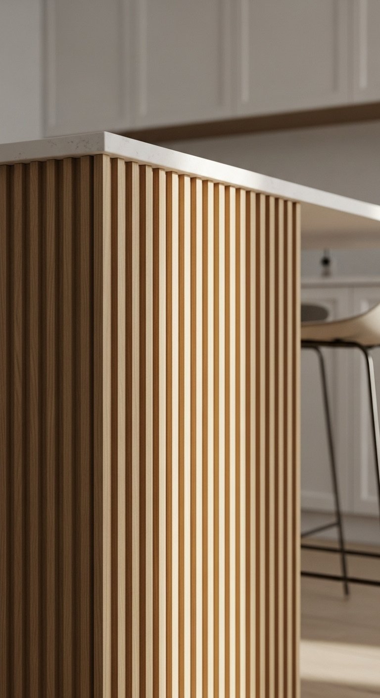 Kitchen island with vertical fluted light oak wood paneling and white quartz countertop