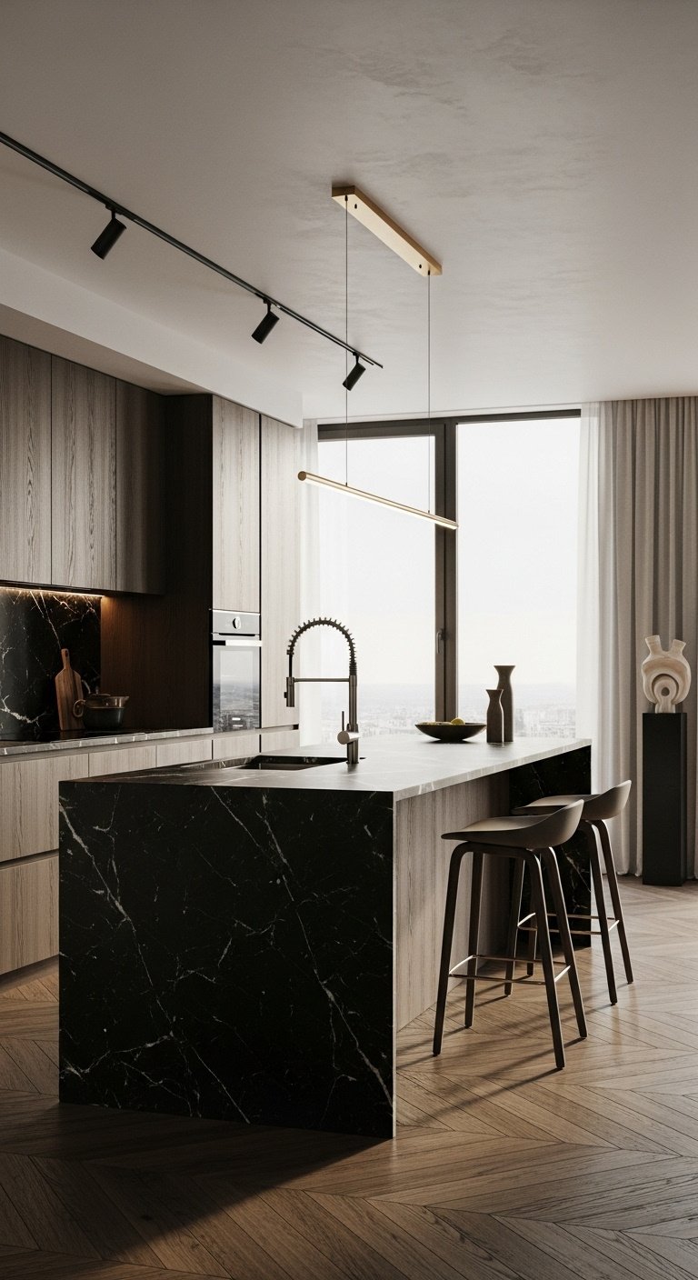 Kitchen layout ideas with island showcasing an L-shaped design and quartz waterfall counter