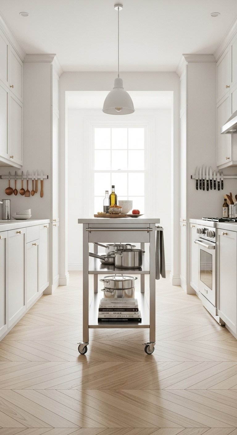 Kitchen layout with island featuring an L-shape design quartz counters and pendant lighting