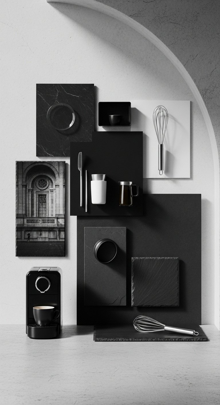 Kitchen mood board with black on black paint swatches polished concrete dark slate and stainless steel whisk