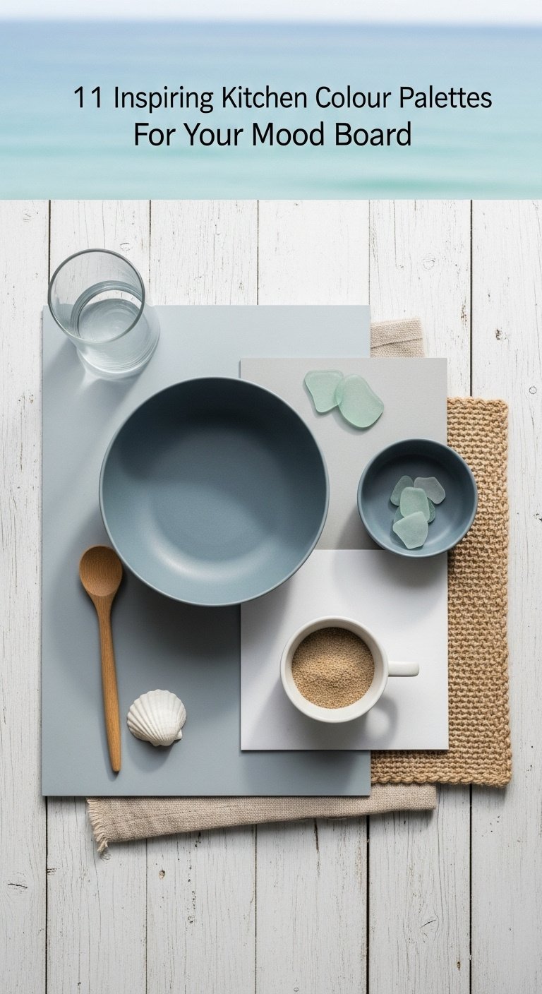 Kitchen mood board with blue grey paint swatches sea glass seashell woven jute fabric and whitewashed wood