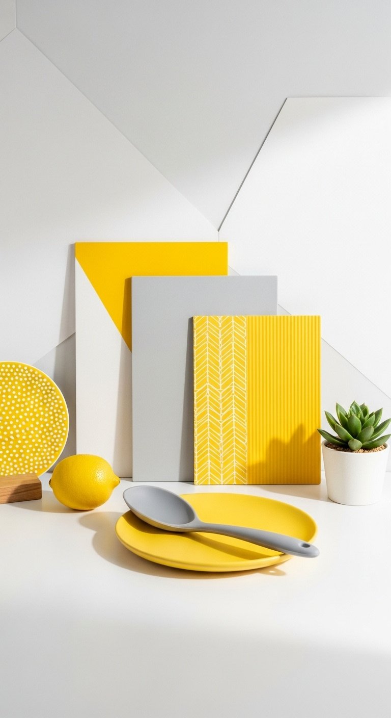 Kitchen mood board with bright yellow light grey crisp white and blond wood swatches fresh lemon and succulent