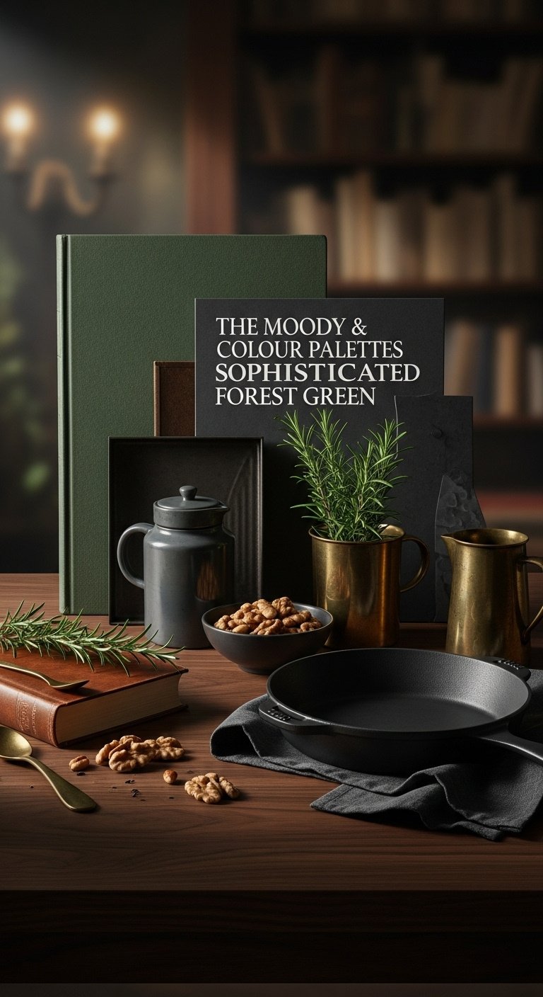 Kitchen mood board with deep forest green swatches dark walnut wood charcoal grey and antique brass accents