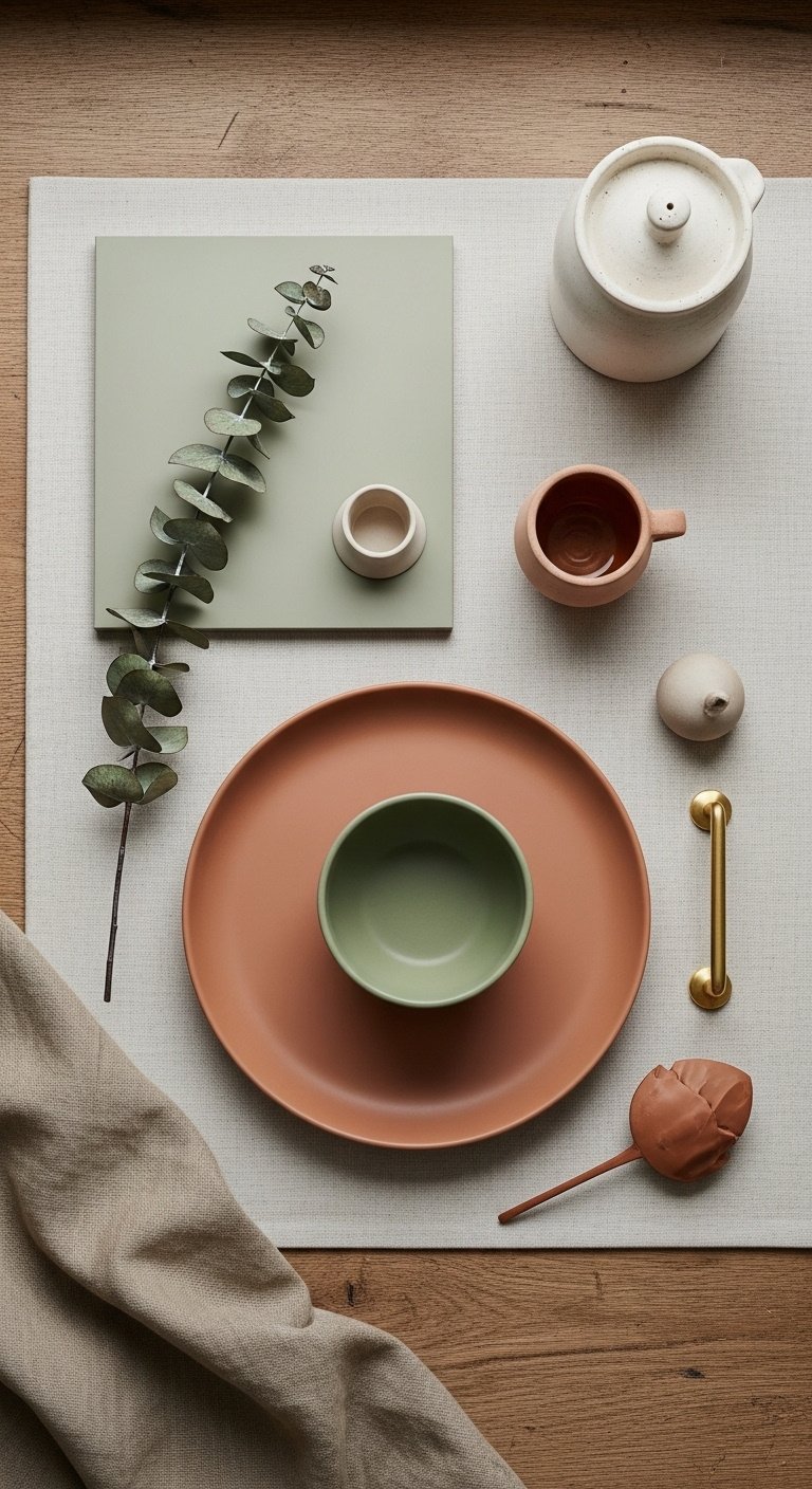 Kitchen mood board with earthy terracotta sage green warm beige and creamy white swatches dried eucalyptus ceramic pot brass pull