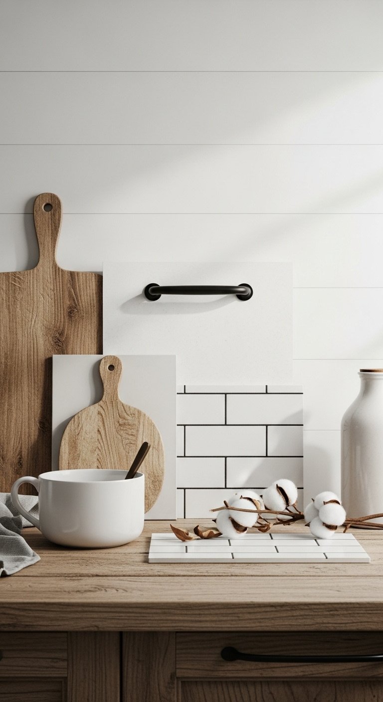 Kitchen mood board with greige matte black reclaimed wood subway tile cotton sprig and shiplap wall