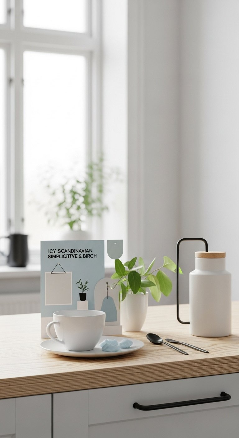 Kitchen mood board with pale blue birch wood white and matte black swatches ceramic mug plant cutting metal handle