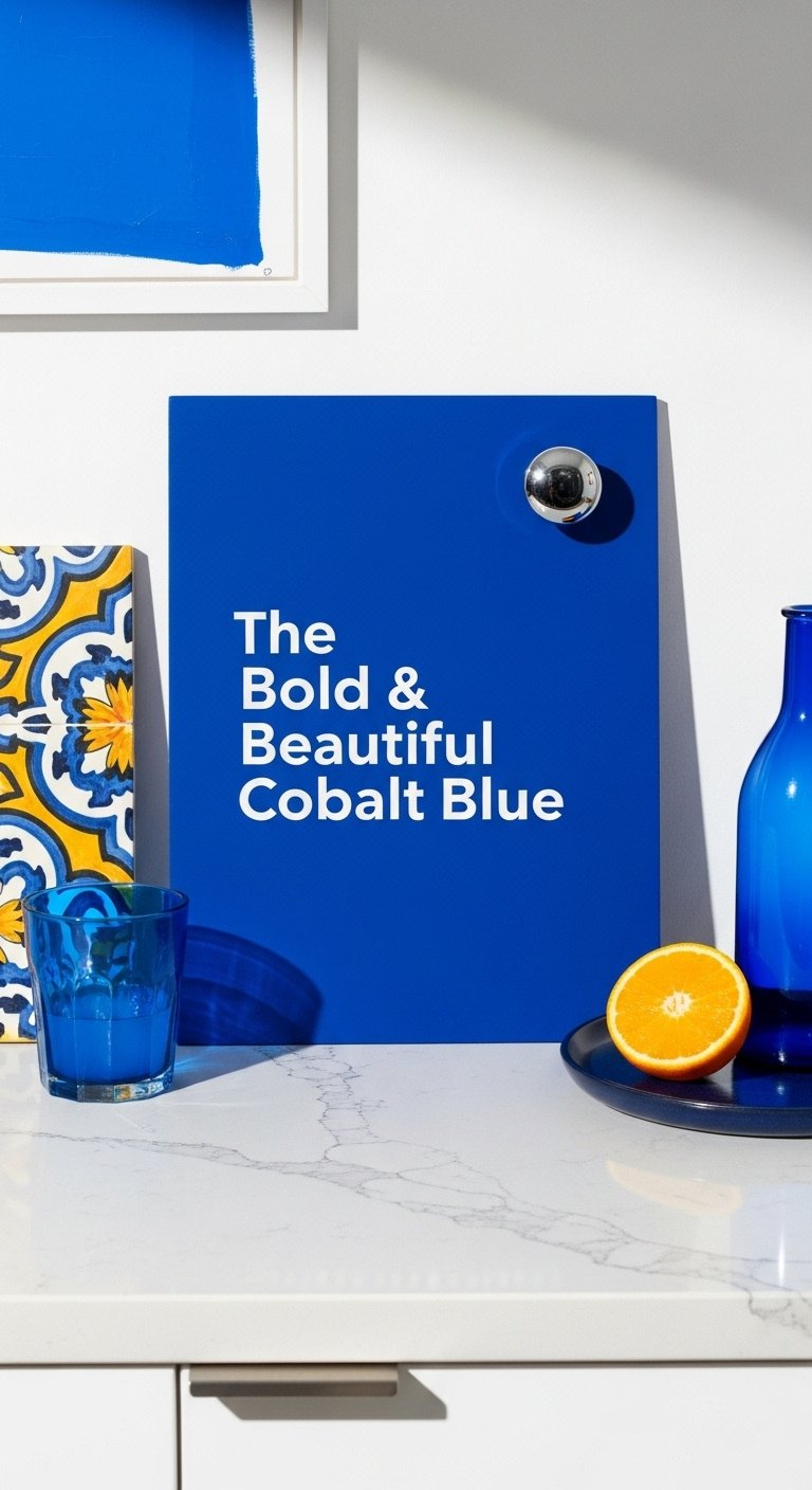Kitchen mood board with vibrant cobalt blue white quartz patterned Mediterranean tile chrome knob and orange slice