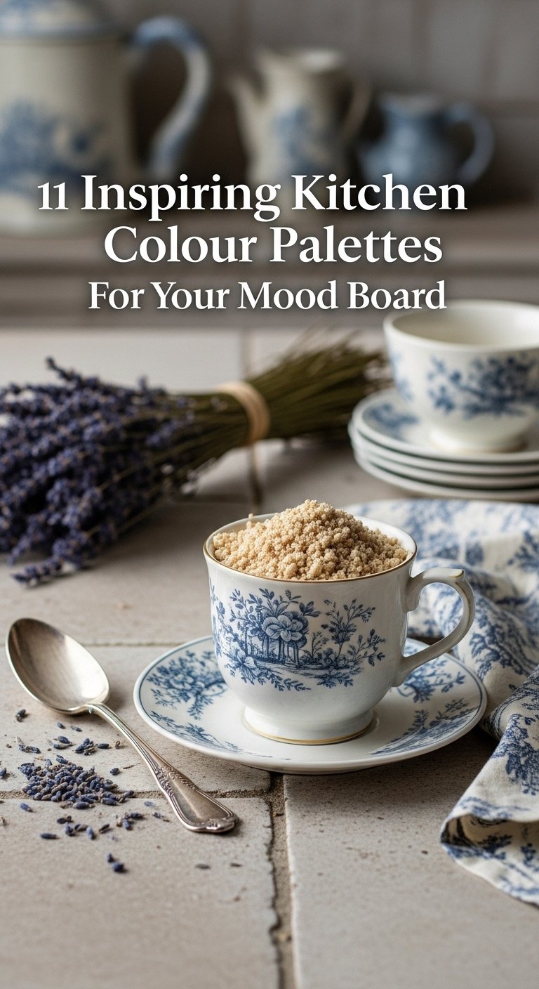 Kitchen mood board with warm taupe creamy off-white dried lavender antique silver spoon and toile fabric on limestone