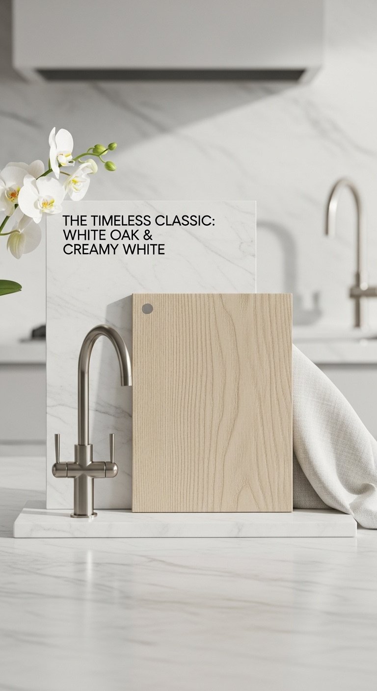Kitchen mood board with white oak creamy white paint swatches marble slab nickel faucet and linen fabric on marble