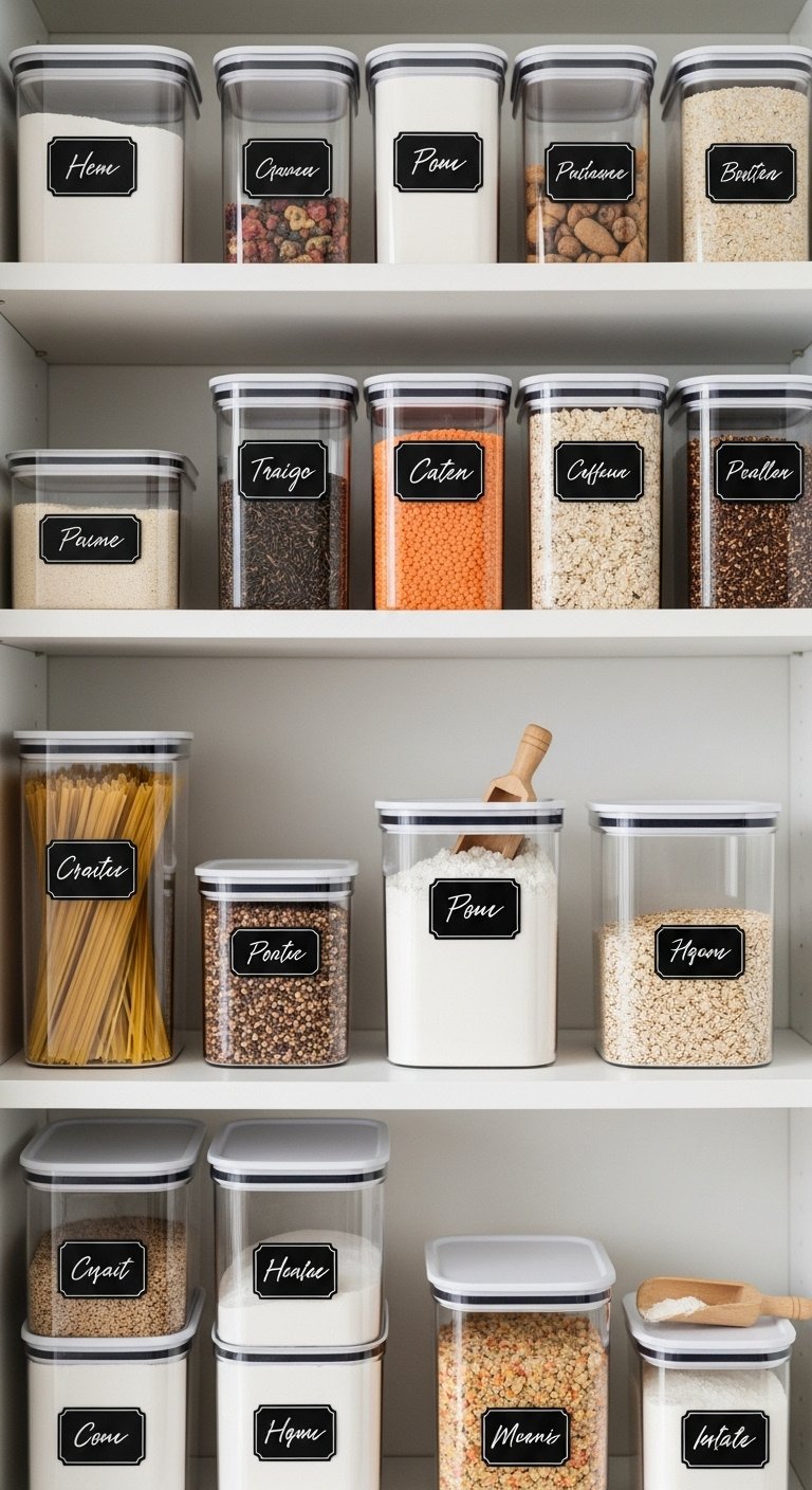 Kitchen pantry shelves filled with matching clear, labeled containers holding dry goods like pasta, lentils, flour, and oats