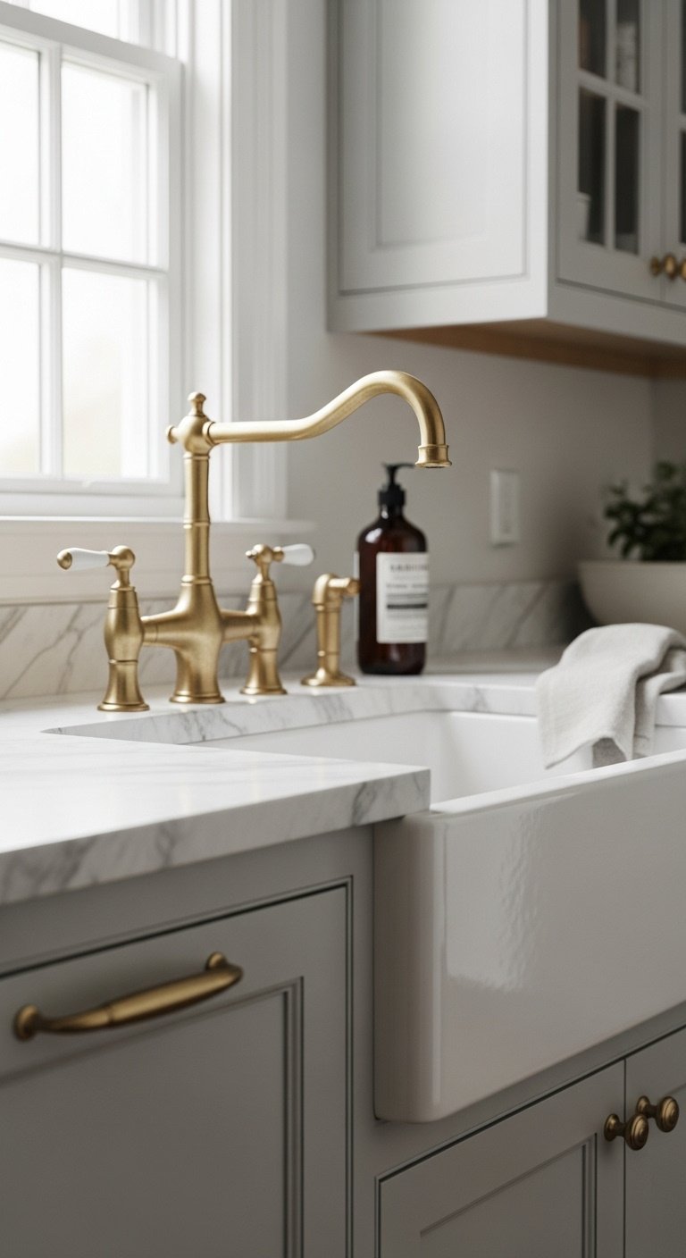 Kitchen sink area with a brass gooseneck faucet, white fireclay sink, polished nickel knobs, and marble countertop