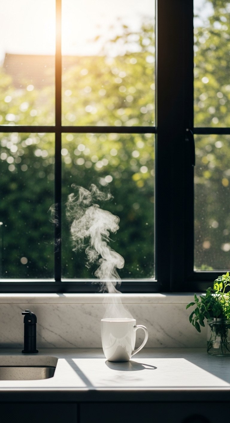 Kitchen sink black framed picture window sunlight steam white ceramic mug stone countertop green foliage matte black faucet fresh herbs