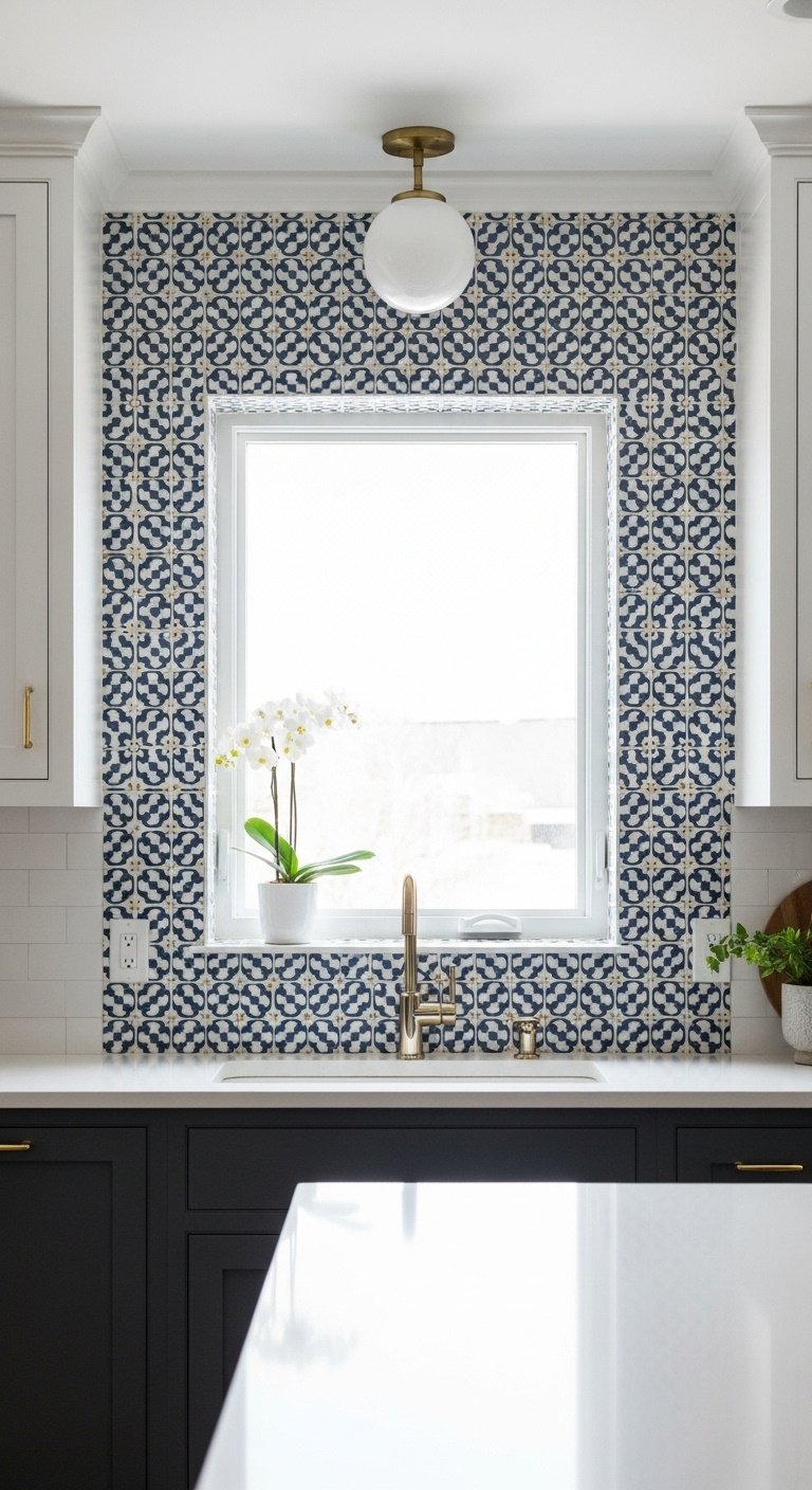 Kitchen window completely surrounded by bold eye-catching patterned tile extending to ceiling with dark cabinets