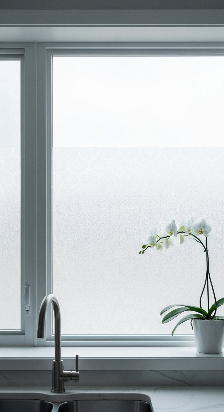 Kitchen window covered in frosted patterned decorative window film obscuring view and allowing diffused light with orchid
