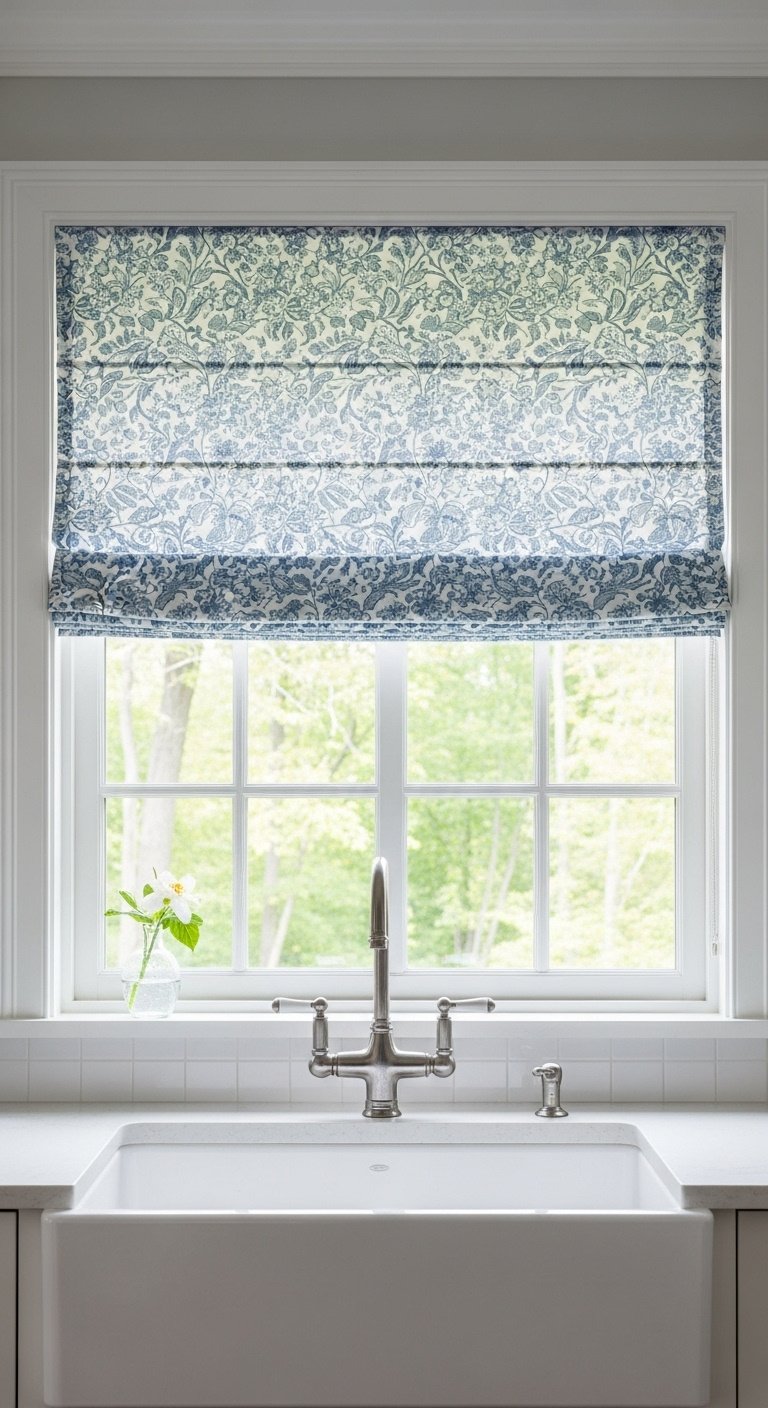 Kitchen window treatments a fabric Roman shade in blue and white floral pattern above a white sink