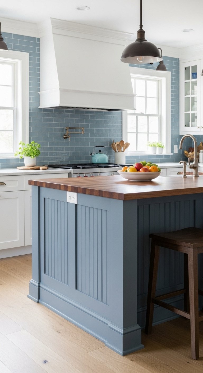 Kitchen with a dusty blue beadboard island and matching backsplash butcher block counter and bar stools