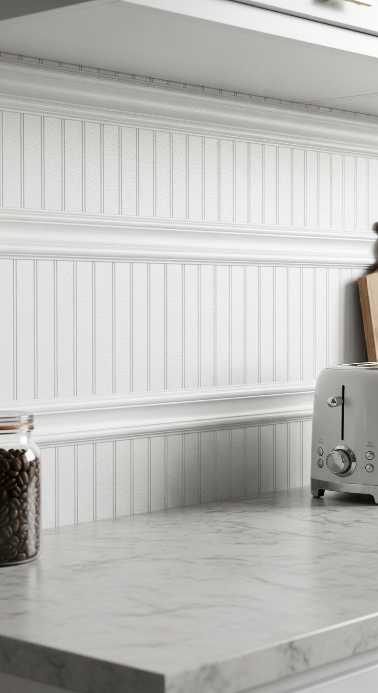 Kitchen with a realistic white beadboard wallpaper backsplash laminate countertop and coffee setup under studio light