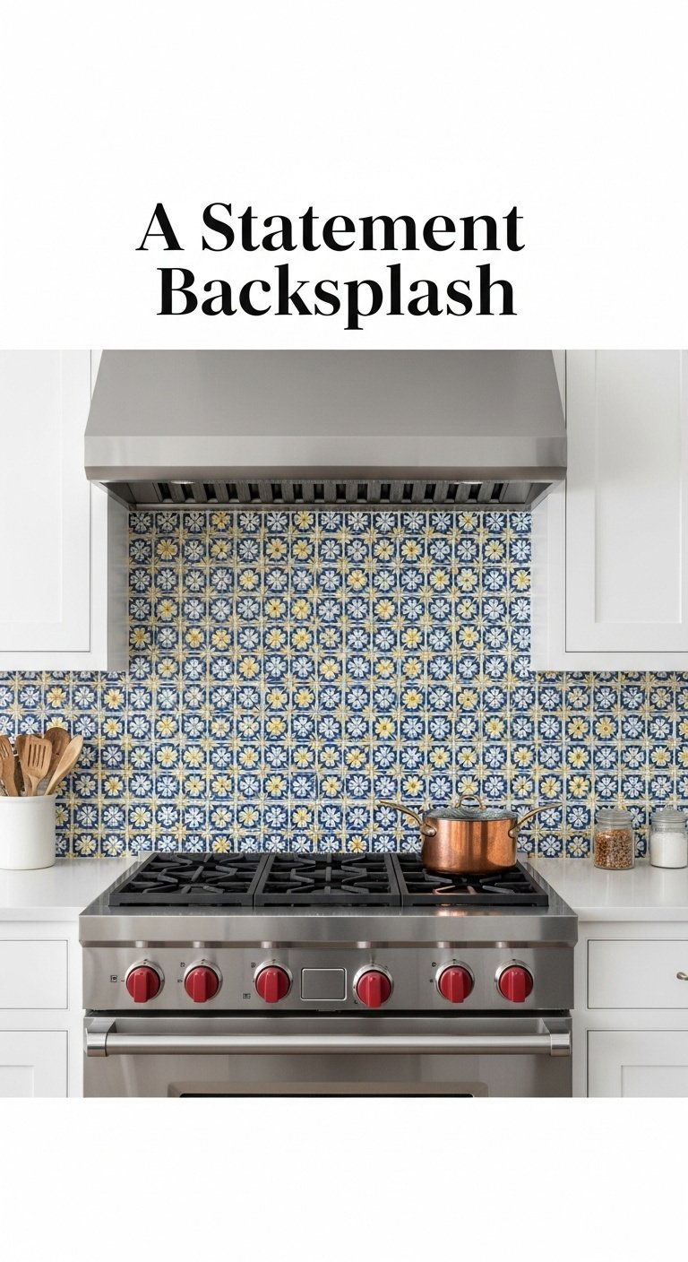 Kitchen with a vibrant blue and yellow geometric patterned ceramic tile backsplash behind a stove with white cabinets and a copper pot