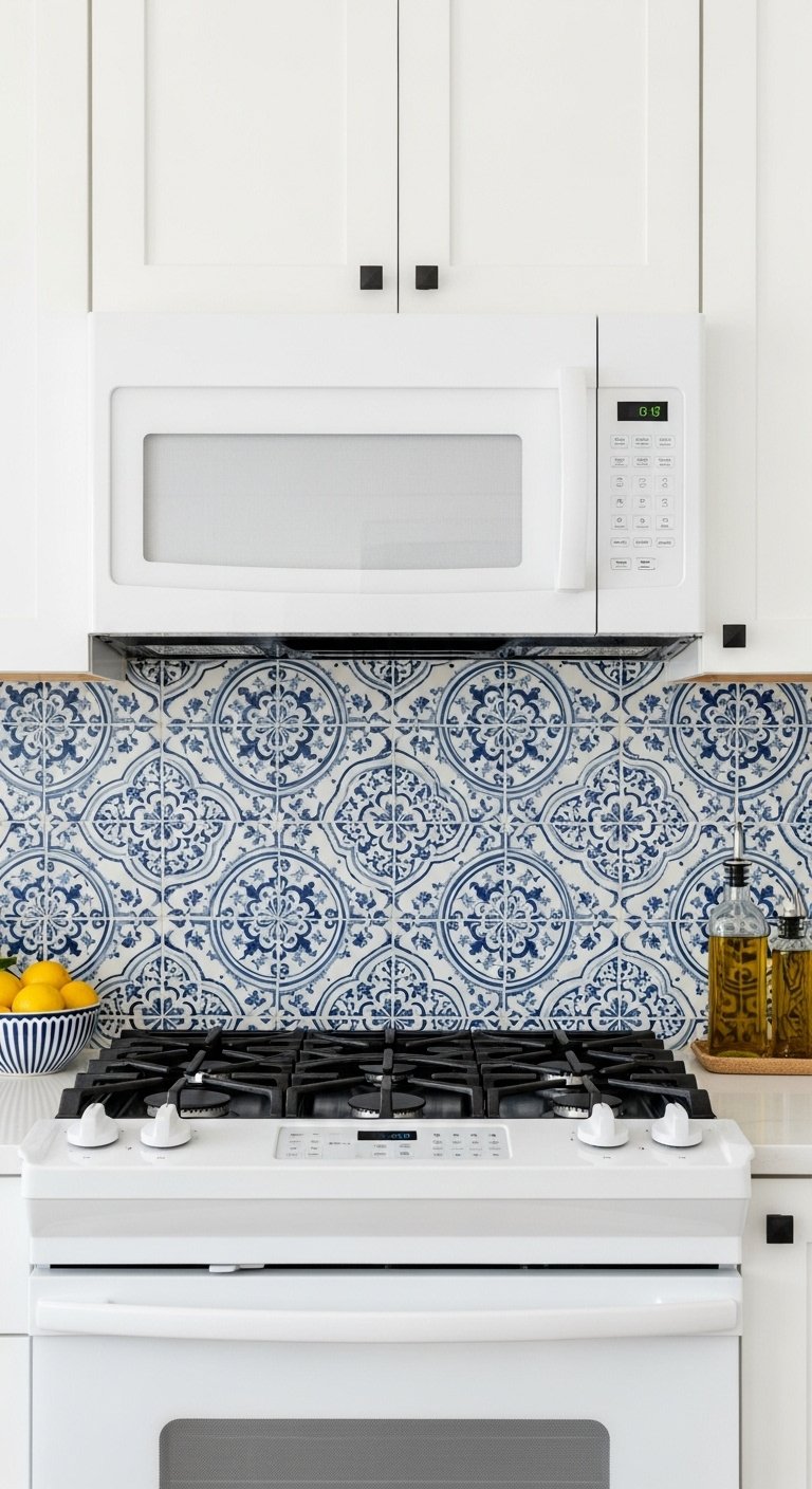 Kitchen with colorful backsplash and white appliances glossy white microwave blue and white ceramic tile backsplash and lemons