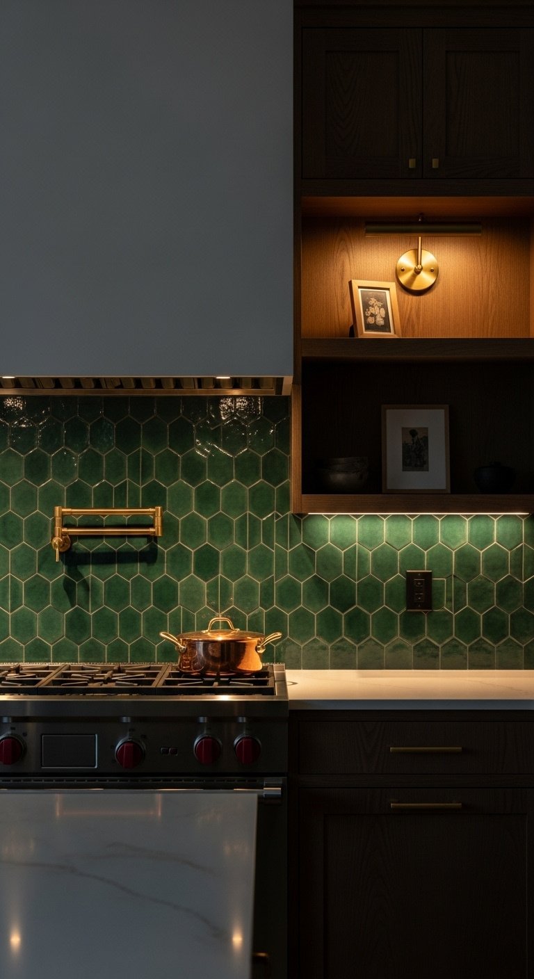 Kitchen with emerald green geometric tile backsplash layered LED and brass lighting and dark wood cabinets