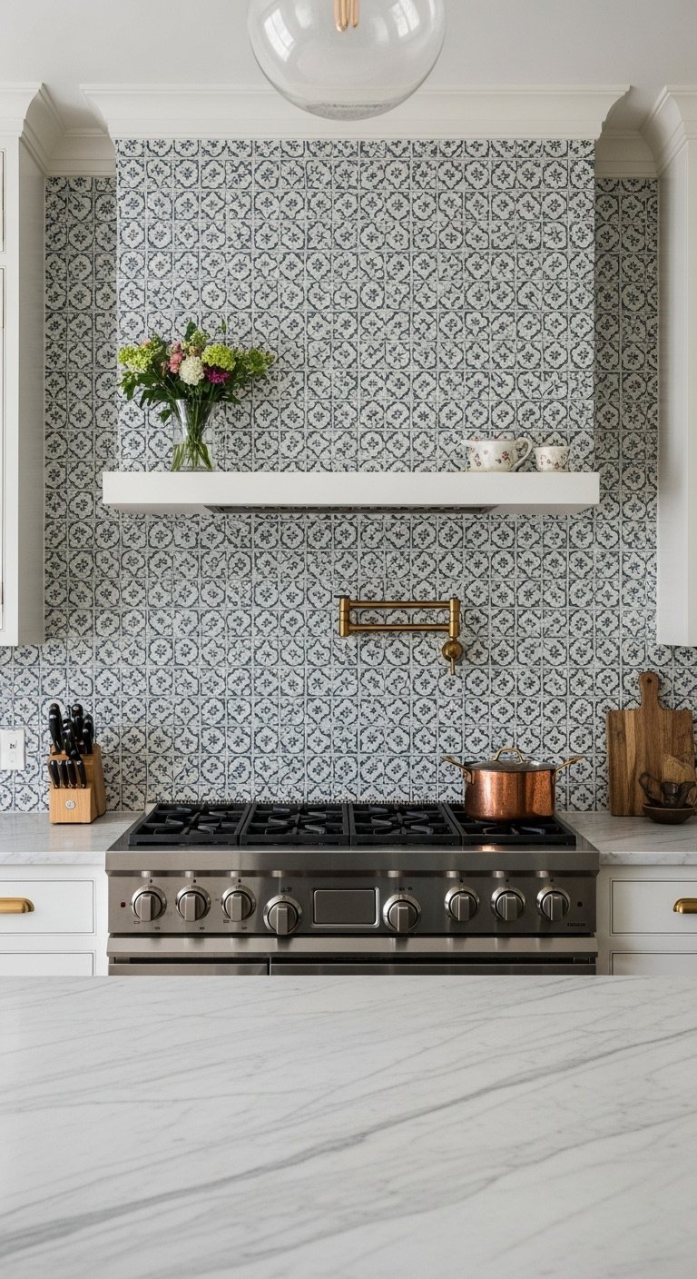 Kitchen with wall units removed intricate patterned tile backsplash to ceiling mantle shelf and marble countertop