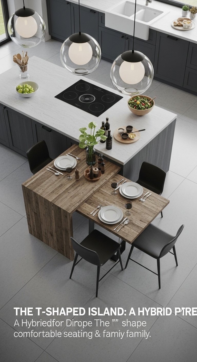 L-shaped kitchen island layout with quartz waterfall counter and bright natural lighting