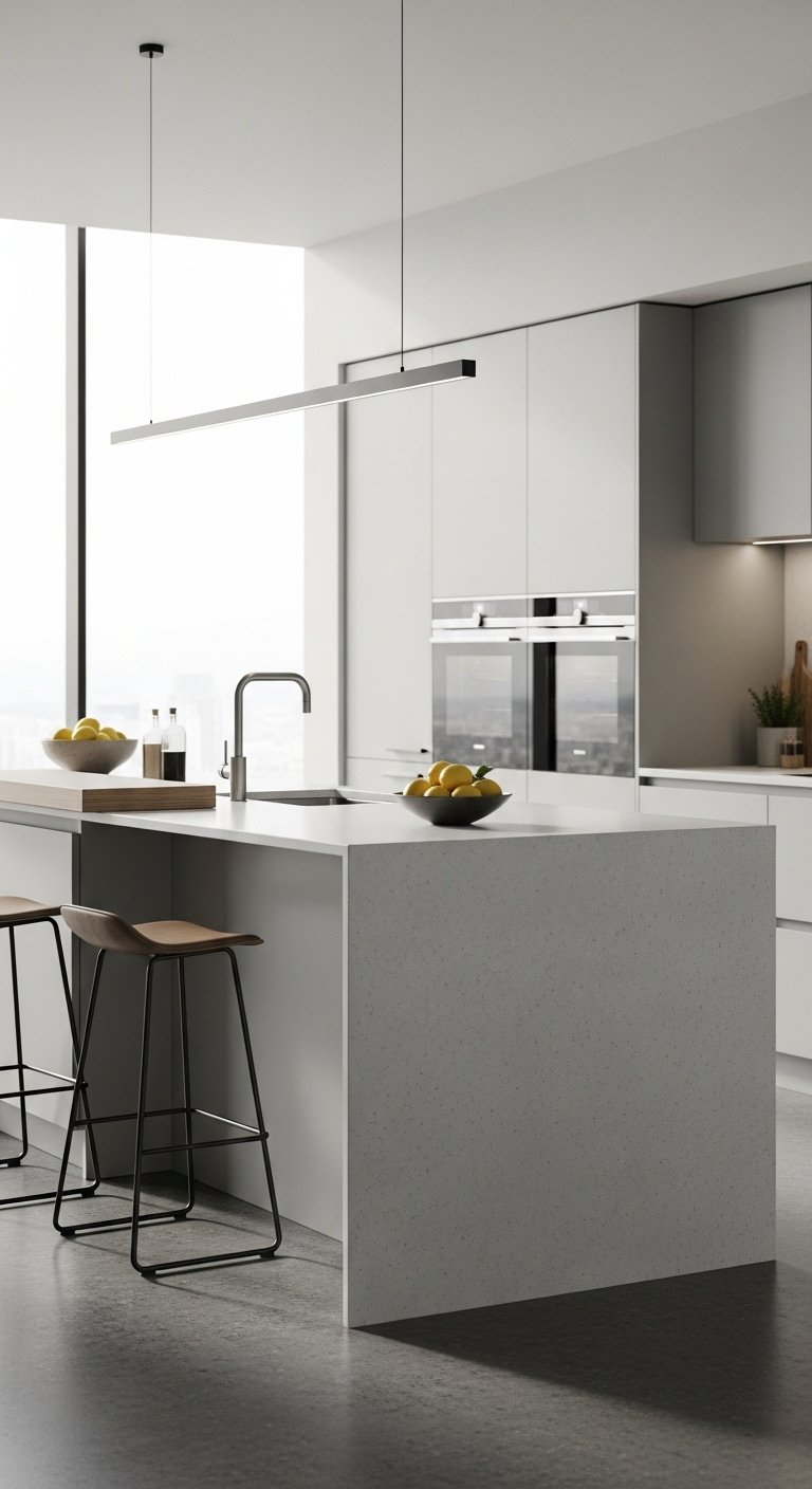 L-shaped kitchen layout with central island seating three quartz countertop and pendant lights