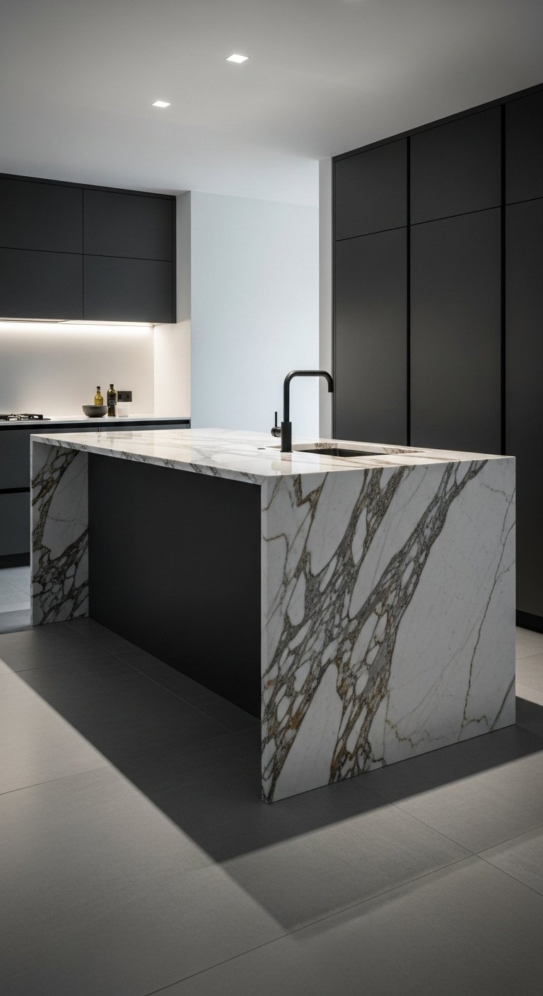 L-shaped kitchen with central island for dining and food preparation in a modern home