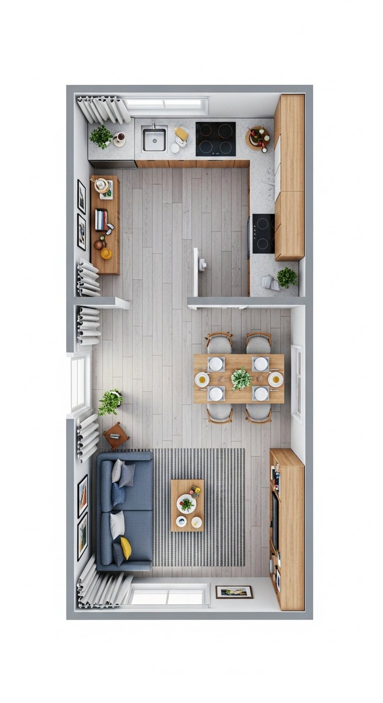 L-shaped layout for maximum efficiency in small open-plan kitchen dining living with miniature furniture models and light wood floor