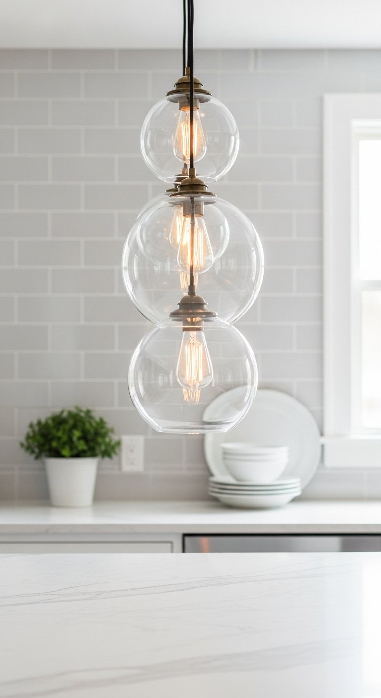 Large artistic chandelier made of black metal and brass geometric forms hanging over a sleek dark marble kitchen island